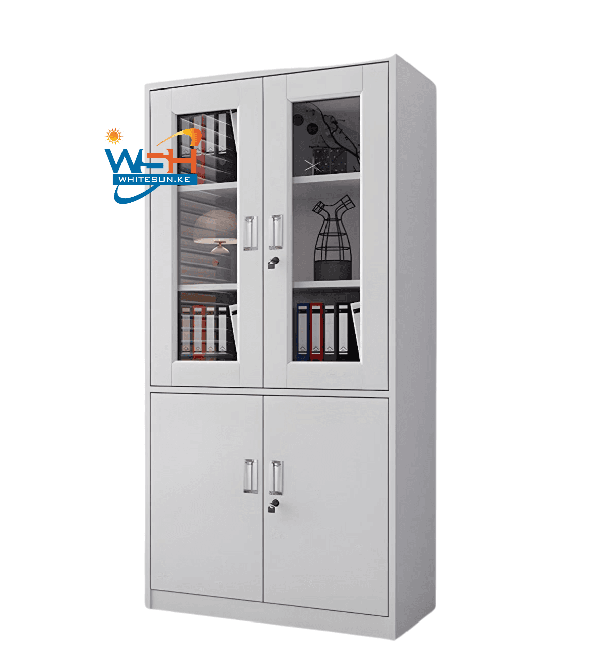 Tall Storage Cabinet with Glass and Metal Doors