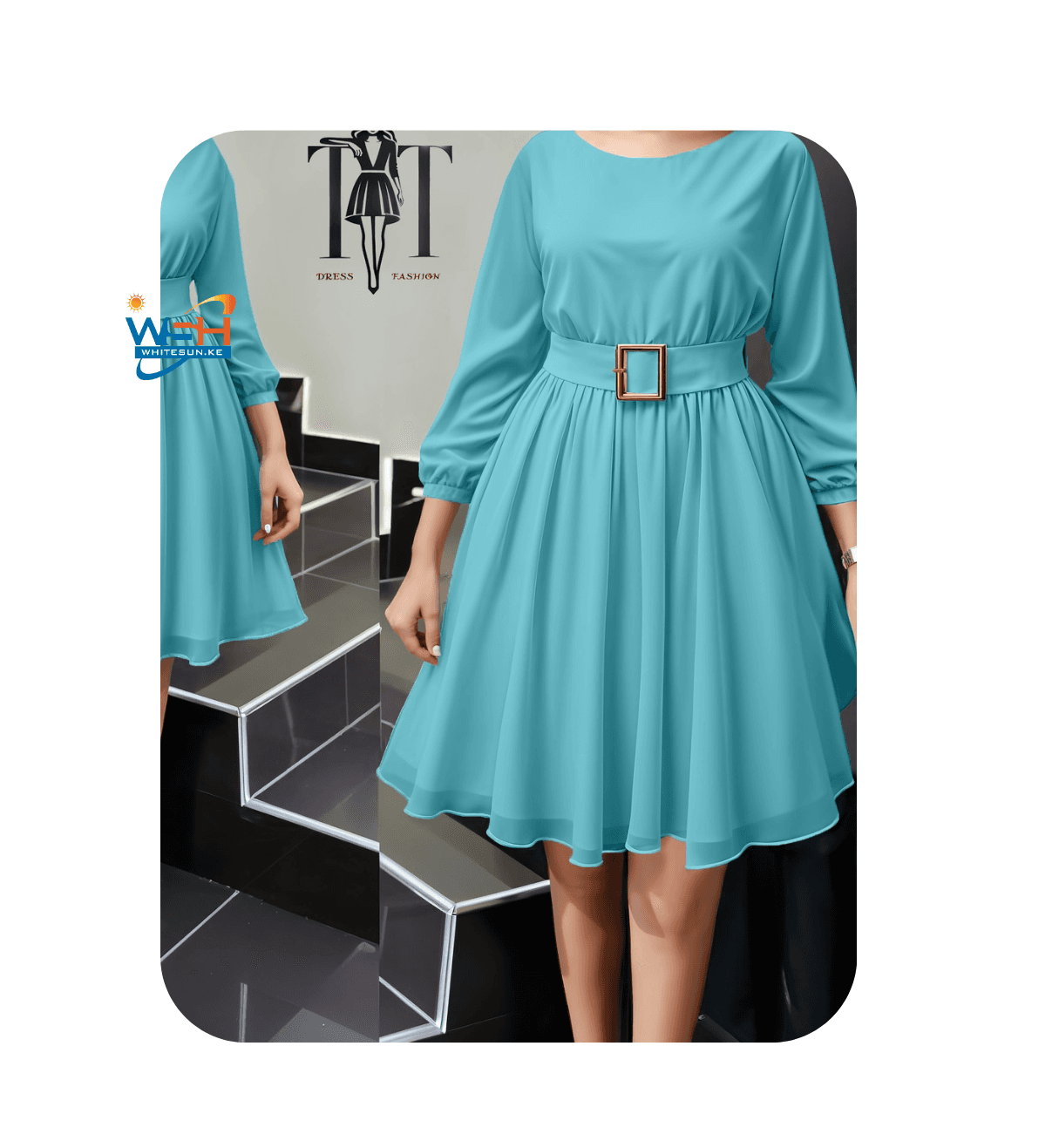 Blue Flared Belted Dress