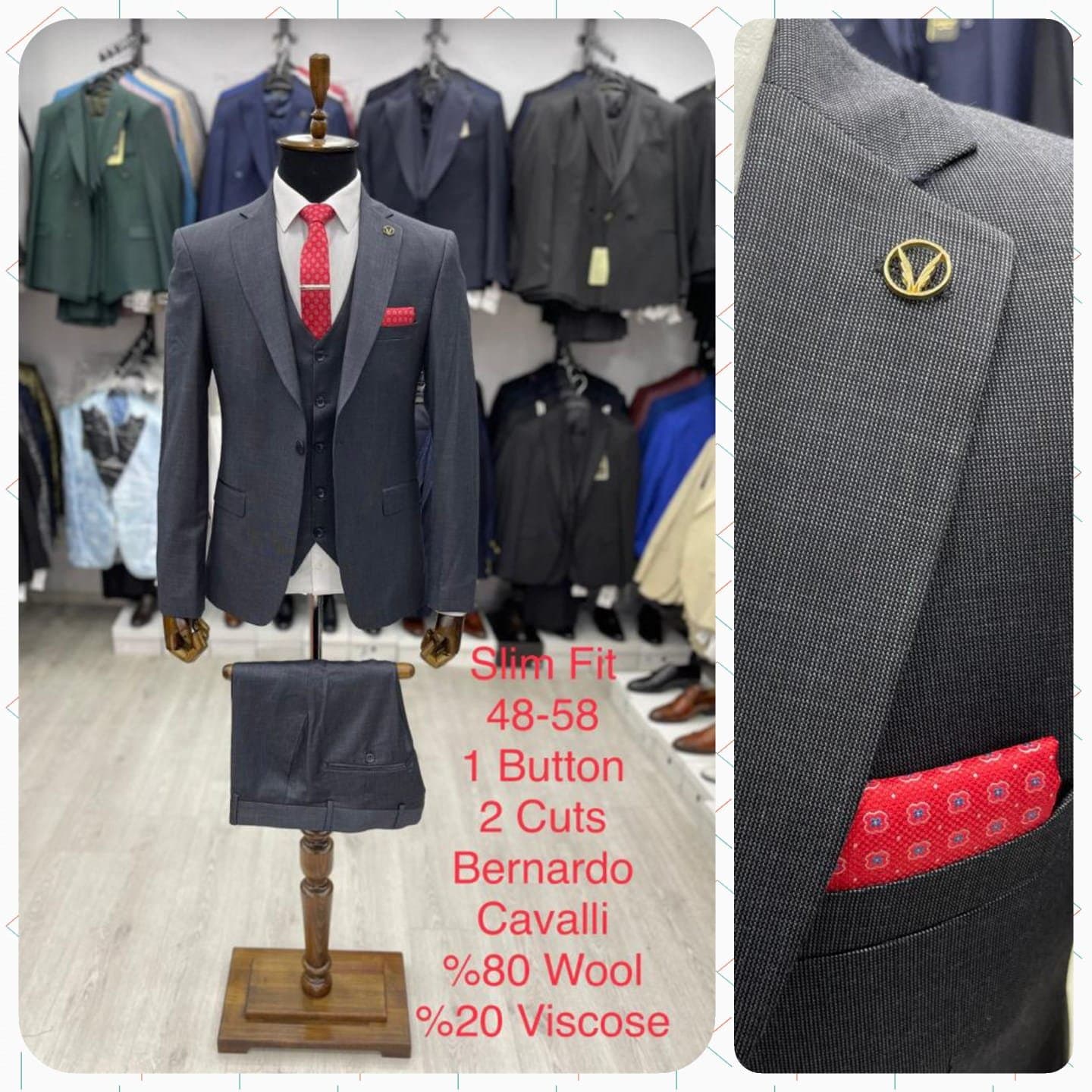 Carbon Gray Slim Fit Bernardo Cavalli Size 52 Suit