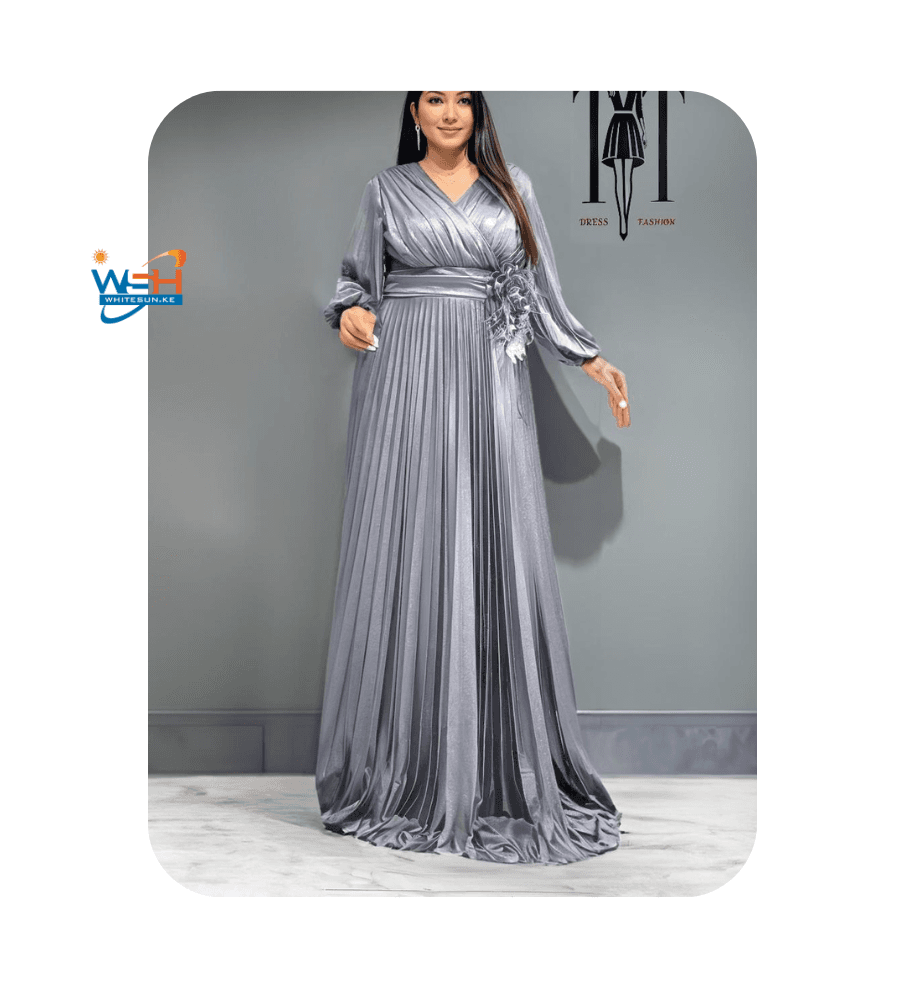 Grey Pleated Gown Dress