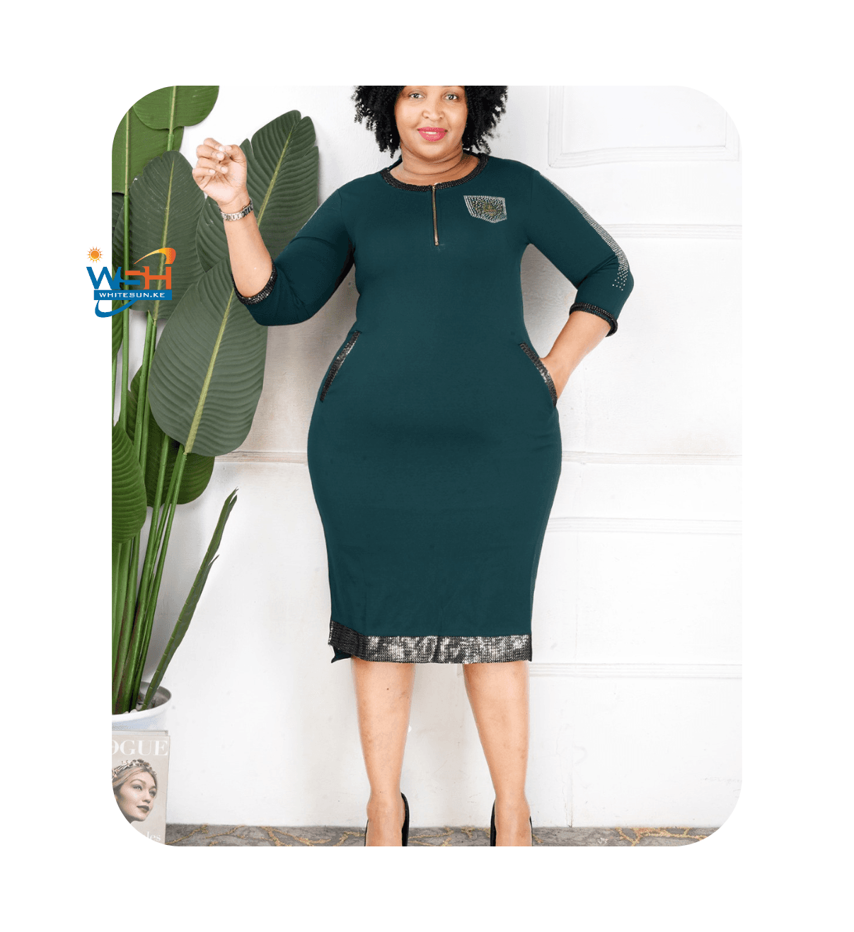 Elegant Green Bodycon Dress with Contrasting Collar and Cuffs