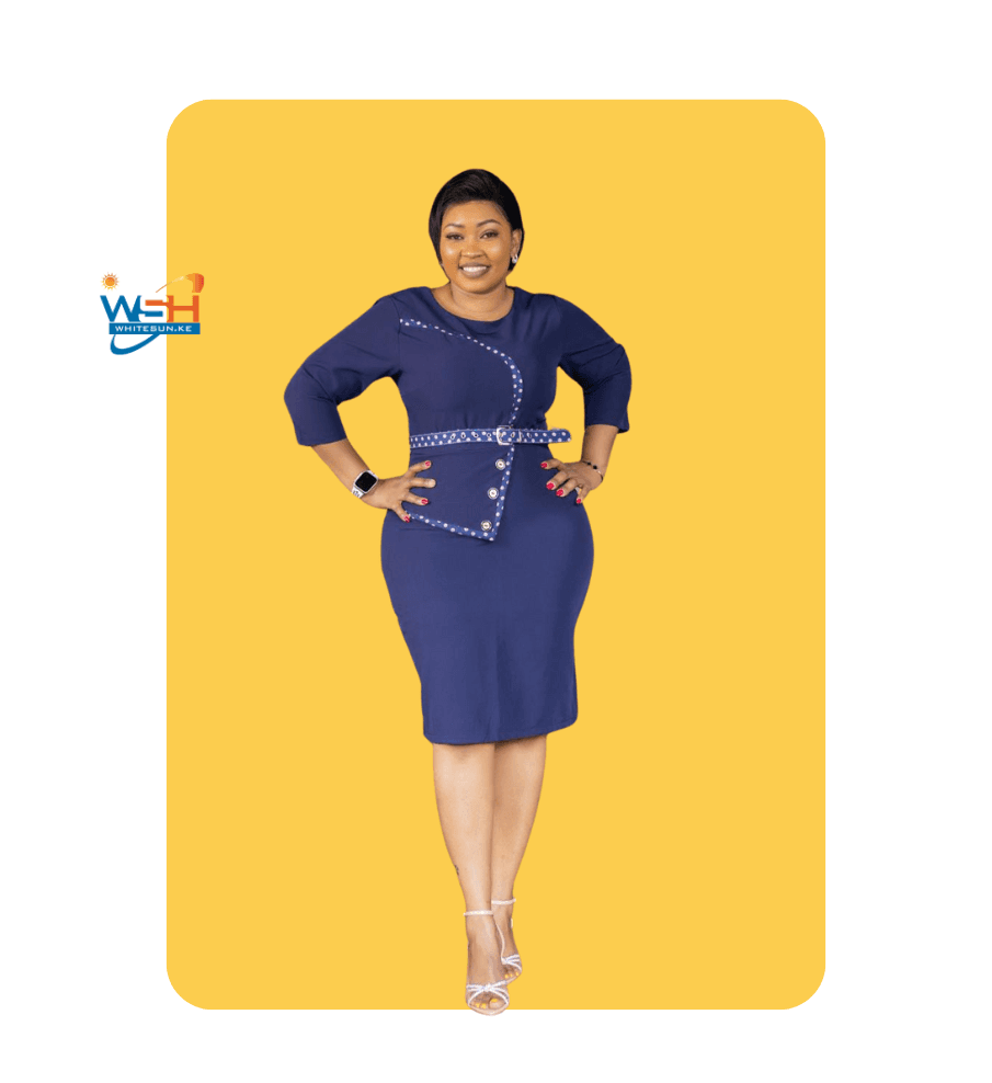 Three-Quarter Sleeve Navy Blue Polka Dot Dress