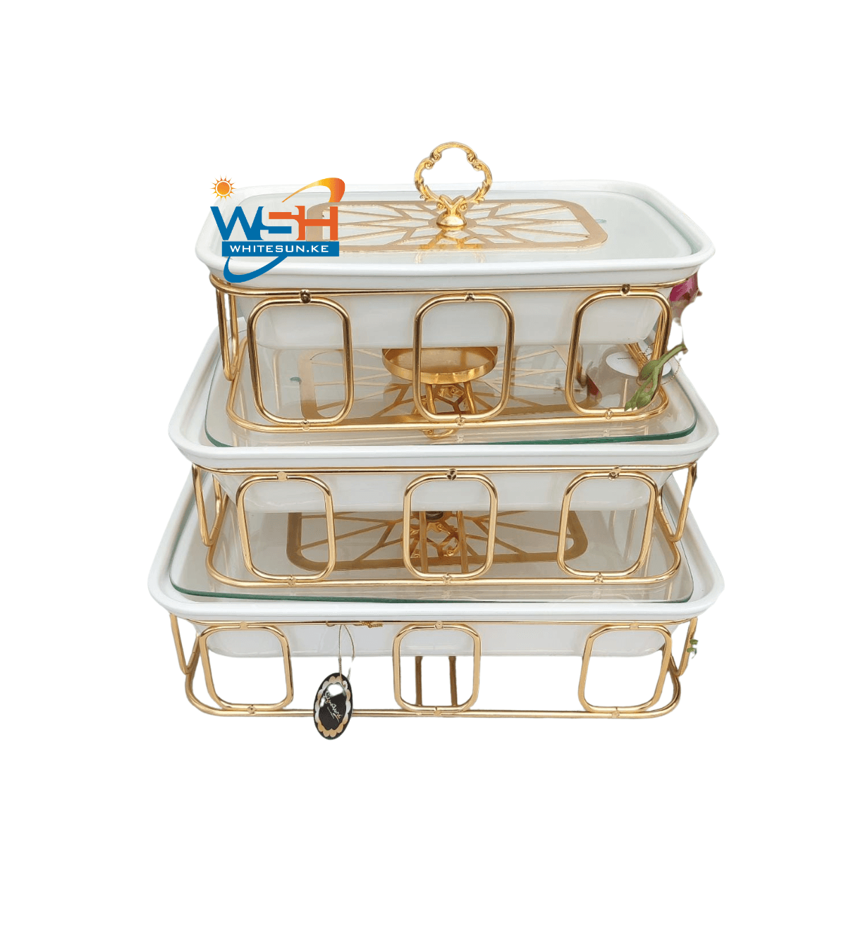 Signature 3pcs Rectangular Ceramic Casserole set with Gold stands