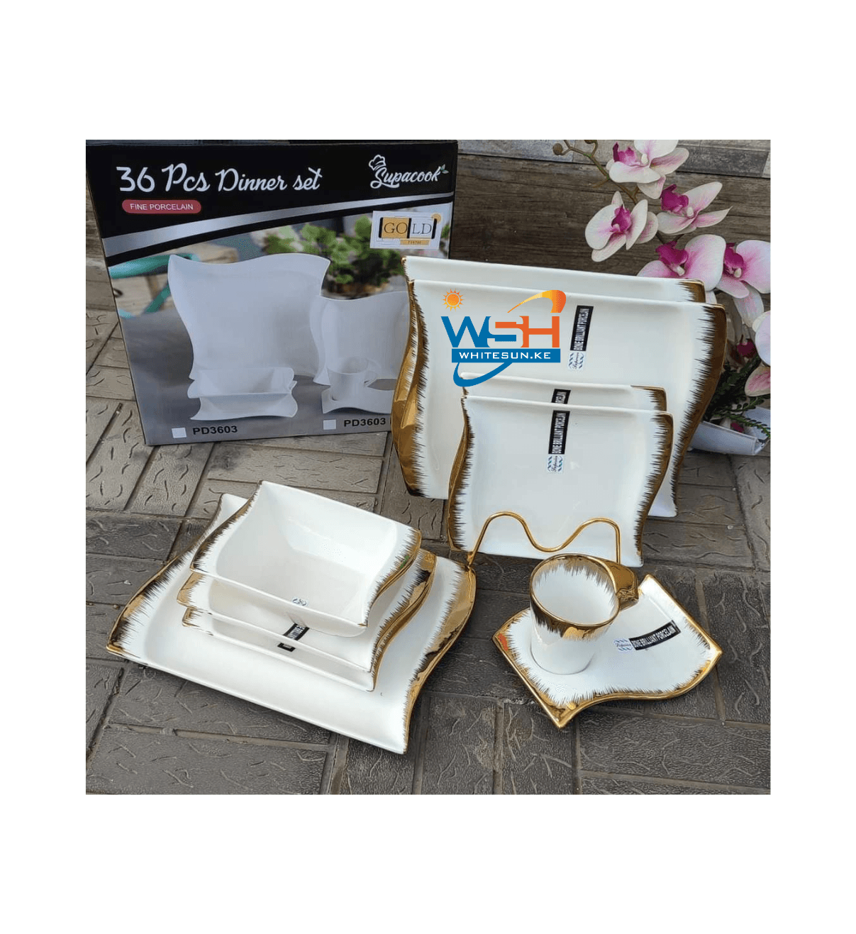 36pcs Rectangle dinner set with gold rim