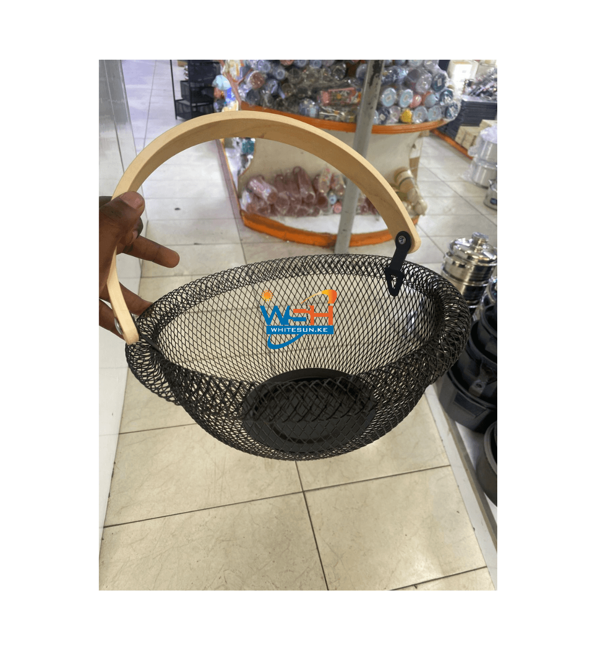 Black Portable Mesh Fruit Basket Storage Organizer with Wooden Handle