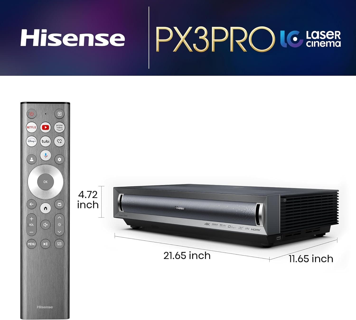 Hisense Laser Cinema PX3-PRO Triple Laser Ultra Short Throw Projector, 80"~150", 4K UHD, High Contrast, IMAX Enhanced