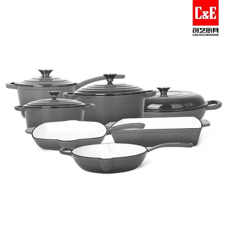 C&E Grey 11-Piece Cast Iron Enamel Cookware Set – Complete Enamelled Cast Iron Cookware Kit with Dutch Ovens, Skillets, Grill & Bakeware – Heavy-Duty Pots for Gas, Electric & Induction