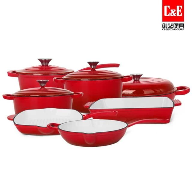 ce-red-11-piece-cast-iron-enamel-cookware-set-complete-enamelled-cast-iron-cookware-kit-with-dutch-ovens-skillets-grill-bakeware-heavy-duty-pots-for-gas-electric-induction