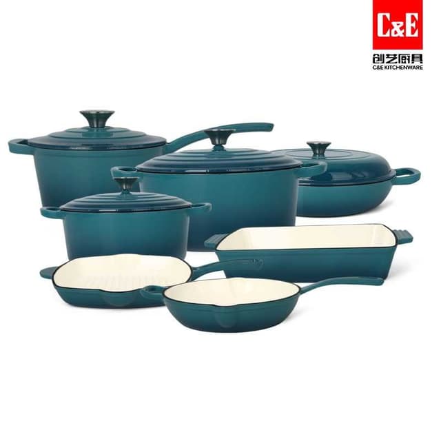 ce-green-11-piece-cast-iron-enamel-cookware-set-complete-enamelled-cast-iron-cookware-kit-with-dutch-ovens-skillets-grill-bakeware-heavy-duty-pots-for-gas-electric-inductio