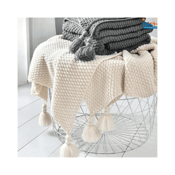 Knitted Sofa Blanket, Soft Blanket, Solid Color Sofa Towel with Tassel, Office Nap Shawl, Leisure-White.