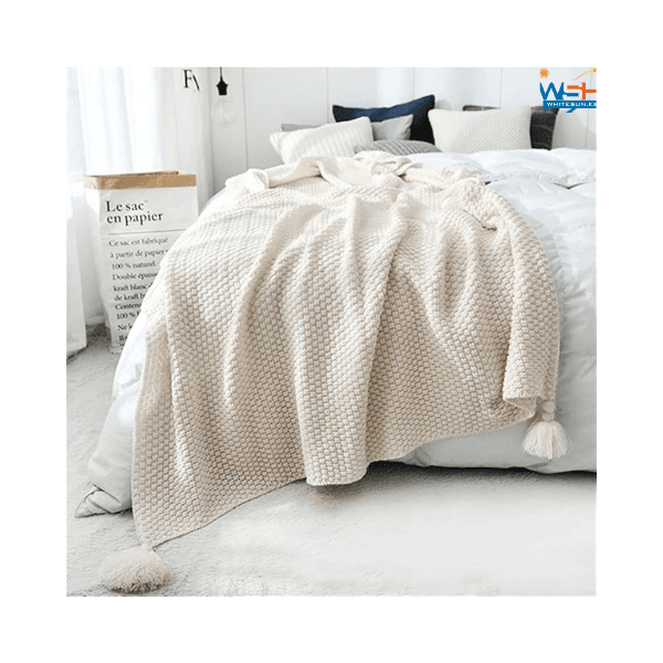 Knitted Sofa Blanket, Soft Blanket, Solid Color Sofa Towel with Tassel, Office Nap Shawl, Leisure-White. Thumbnail 2
