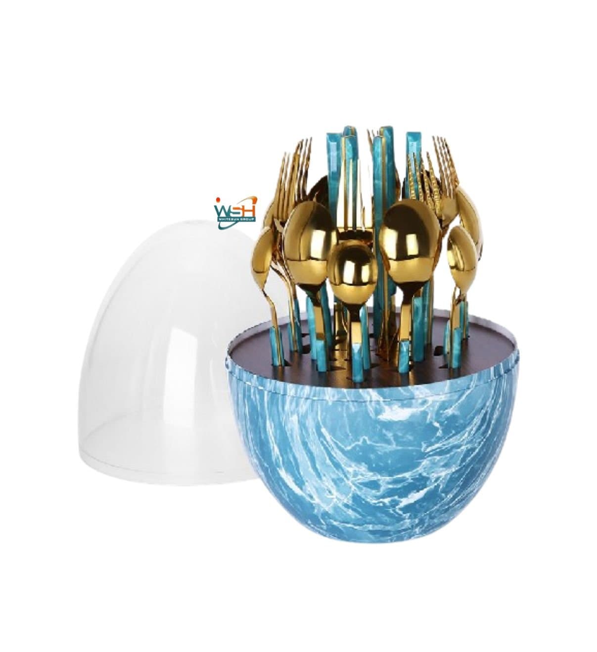 Whitesun 24 pc marbling blue egg shaped table ware with clear top