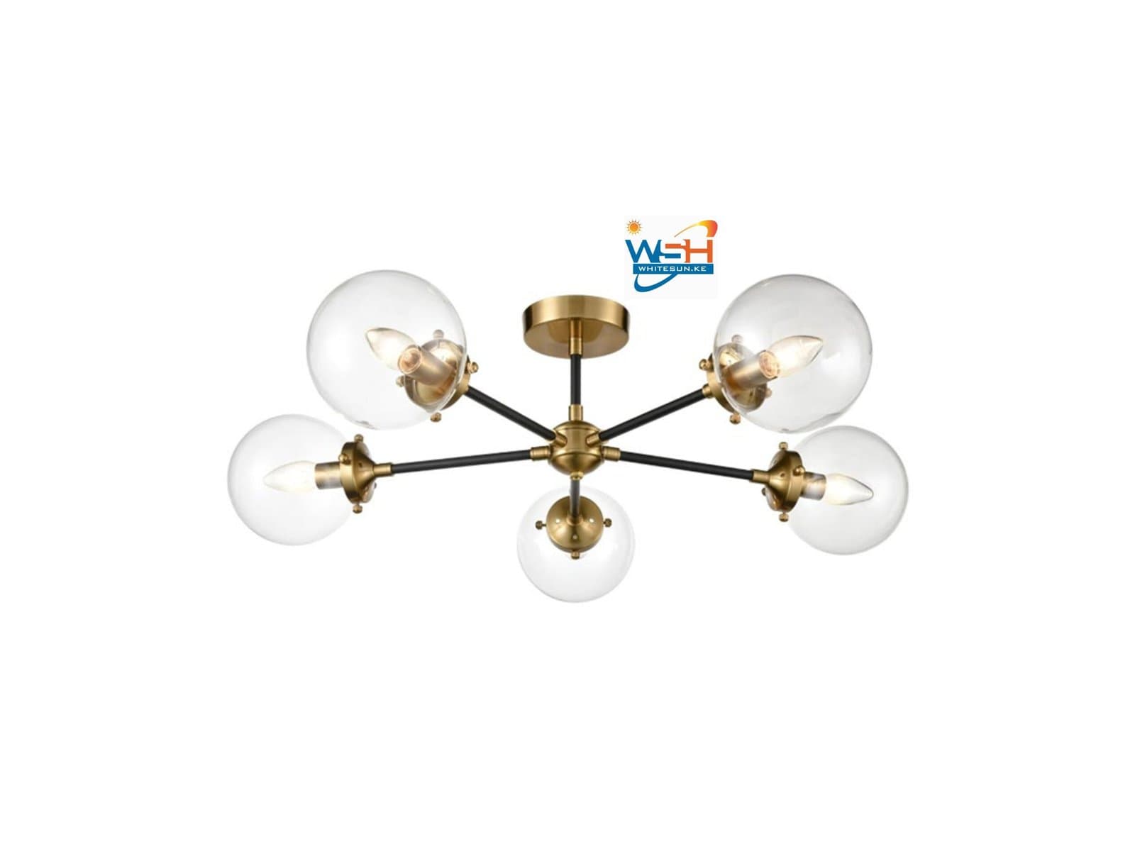 Classic 5 Lamp Semi Flush Ceiling Light Black / Antique Gold Clear Glass