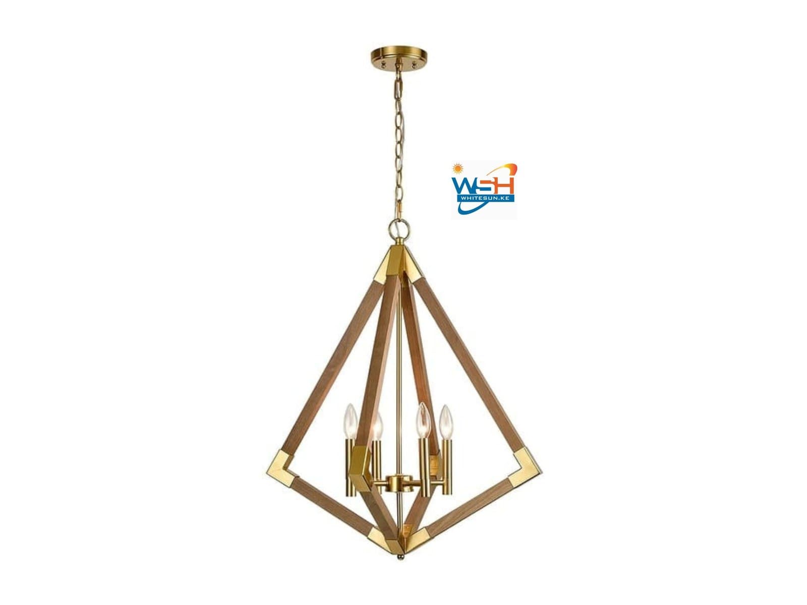 Trani Large Prismatic Modern Brass & Solid Wood Chandelier / Hanging Light - Brass & Natural Wood