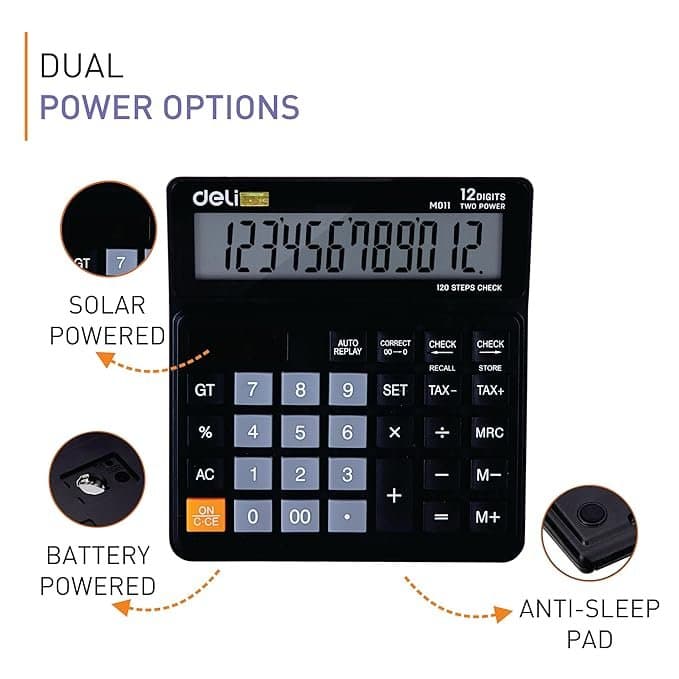 Deli WM01120 12 Digit Dual Power Basic Calculator with GT Function, 120 Step Check and Correct Function | Ideal for Office & Home Use, Black Thumbnail 3