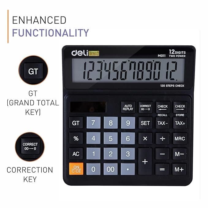 Deli WM01120 12 Digit Dual Power Basic Calculator with GT Function, 120 Step Check and Correct Function | Ideal for Office & Home Use, Black Thumbnail 2