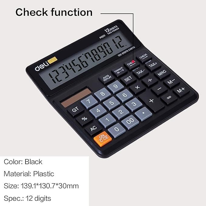 Deli WM01120 12 Digit Dual Power Basic Calculator with GT Function, 120 Step Check and Correct Function | Ideal for Office & Home Use, Black