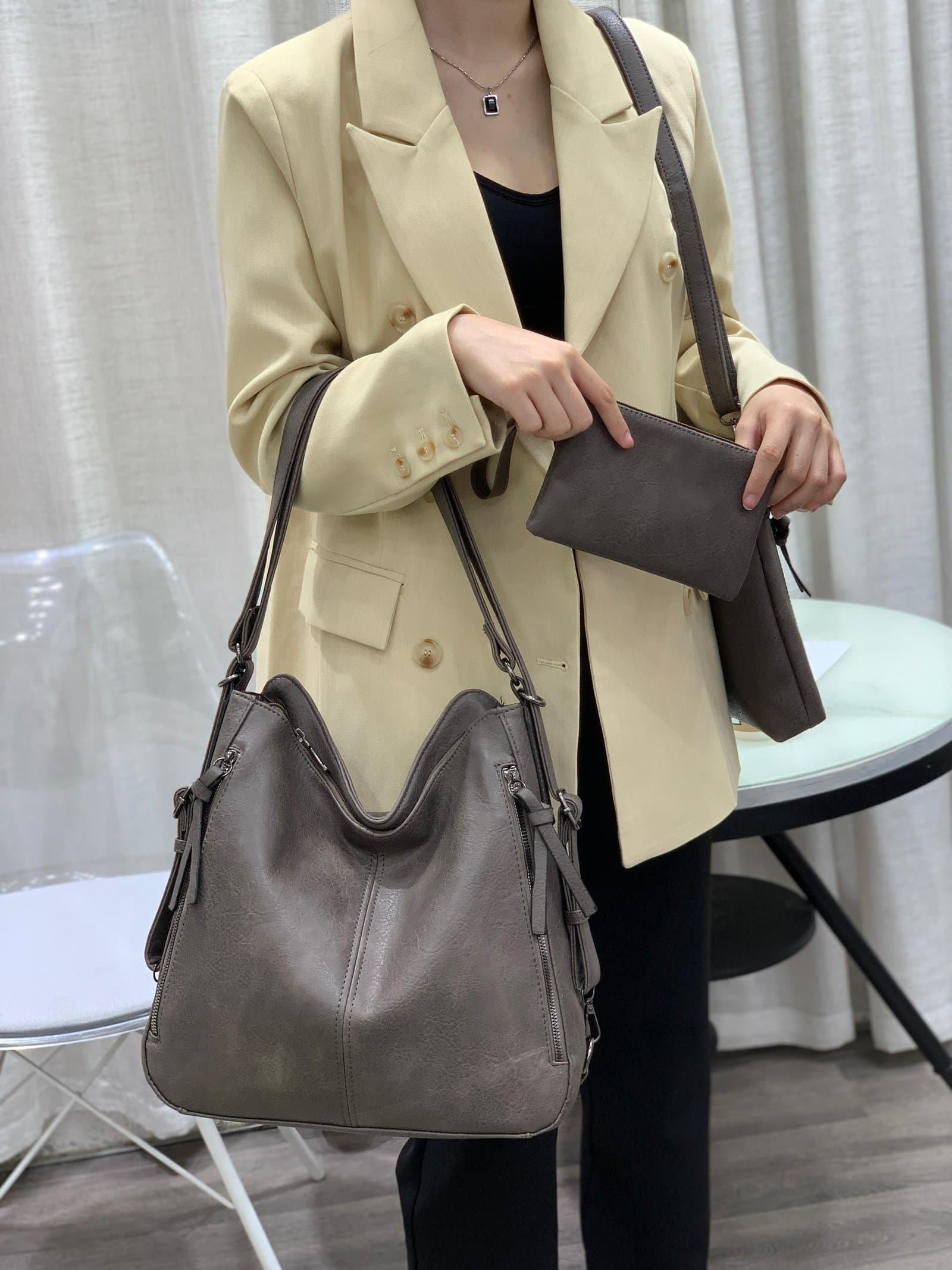 42# Whitesun 3in1 Royasoft khaki glossy ladies handbag comes with all pieces as above birthday gift for women mom sister auntie colleagues Valentine’s Day gift mother’s day gift girlfriend’s gift present secret santa gift idea