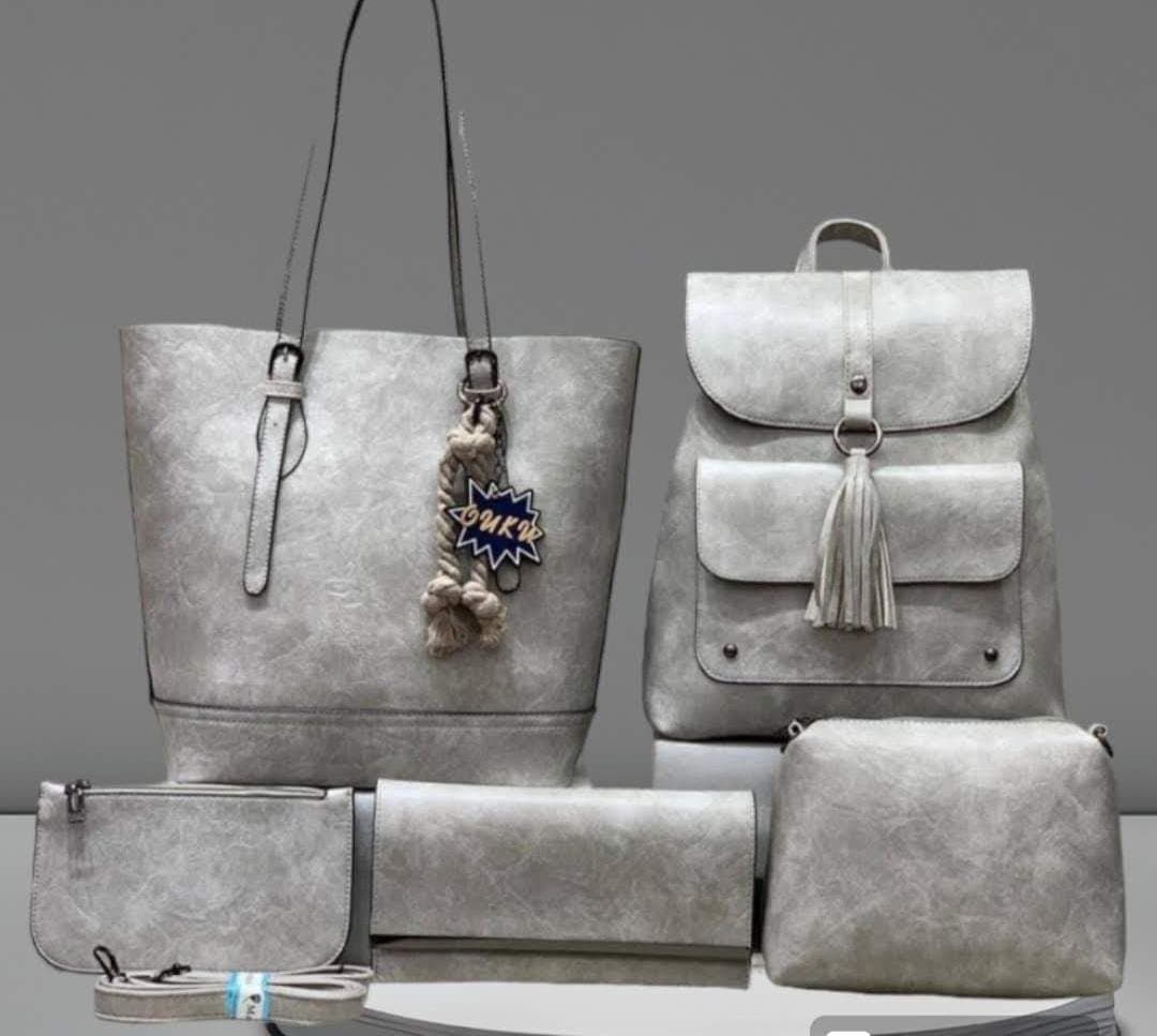 052# Whitesun 5in1 Glossy Leather Ladies Handbag with monkey bag – ideal birthday gift anniversary gift and Valentine’s Day gift idea for wife mom sister auntie girlfriend cousin grandmother- ash grey colour