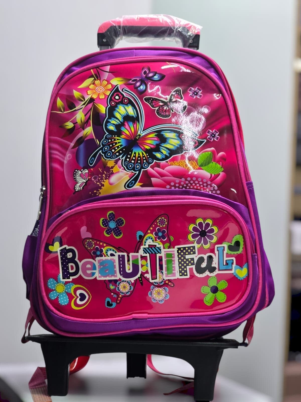 179# Whitesun Butterfly pink girls school trolley bag with wheels birthday gift for girls daughter niece friend