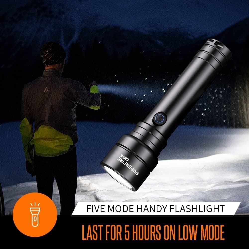 SuperFire C20 Hand-Torch LED Super Bright 3600 Lumens Family Torch Rechargeable IP46 Waterproof Flashlight with 4800 mAh Rechargeable Battery, 6 Modes (Regular) [Energy Class A+++] Thumbnail 7