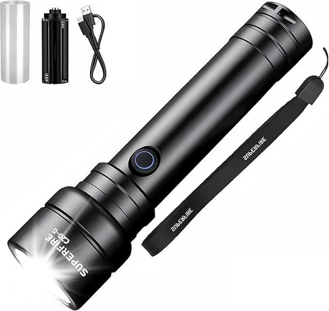 superfire-c20-hand-torch-led-super-bright-3600-lumens-family-torch-rechargeable-ip46-waterproof-flashlight-with-4800-mah-rechargeable-battery-6-modes-regular-energy-class-a