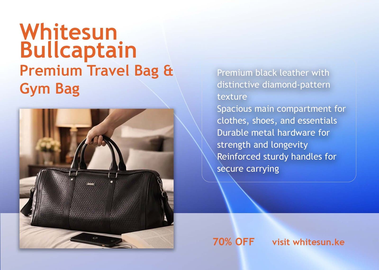 251# Whitesun Bullcaptain Black Leather Diamond‑Pattern Duffel Bag – Premium Travel Bag & Gym Bag Companion medium size