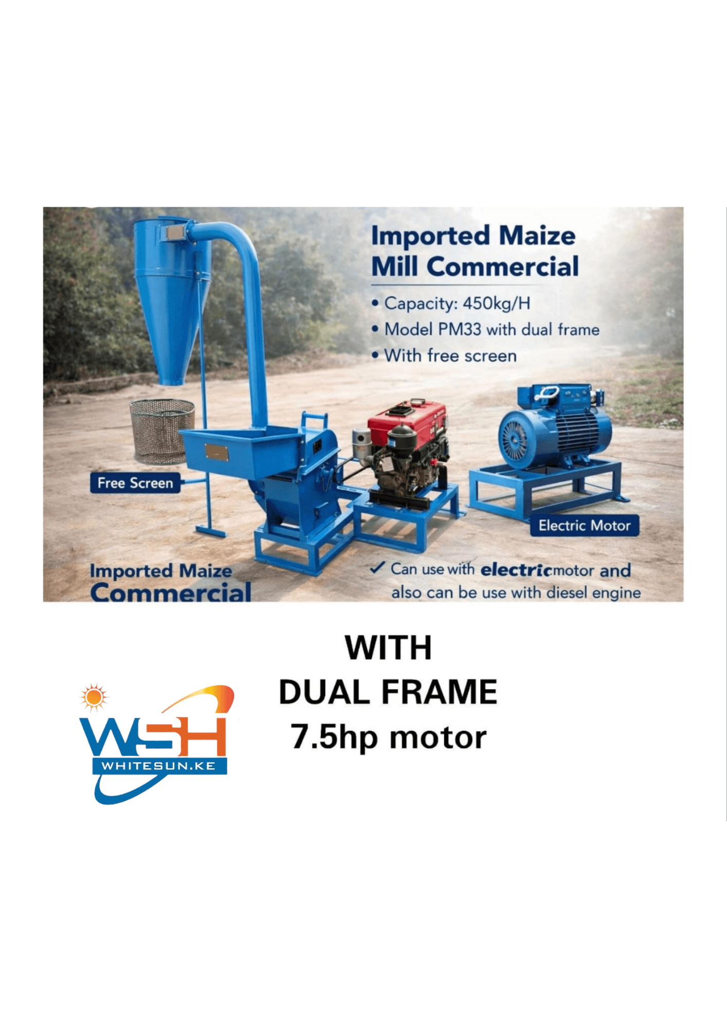 Premier PM33 Commercial Maize Mill - 450 kg/h Output, Dual frame , Multi-power Ready Thumbnail 4