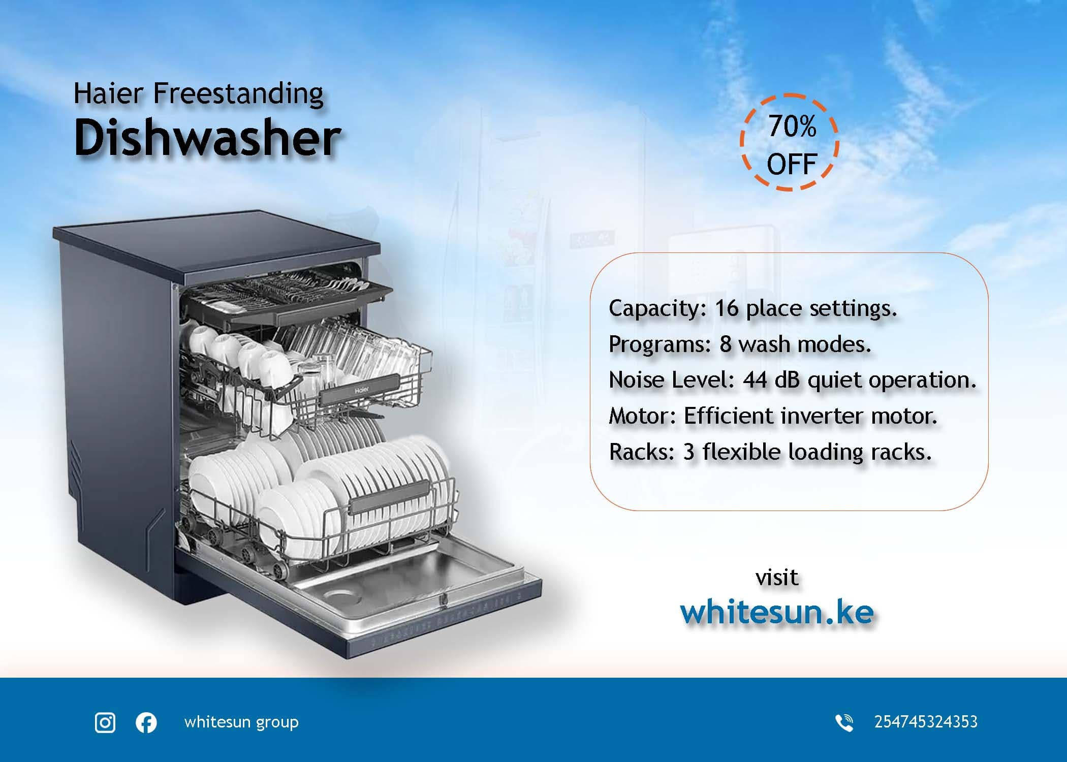 Haier Freestanding Dishwasher, 8 Programs, 16 settings, HDWE16-46BK6IQ Thumbnail 6
