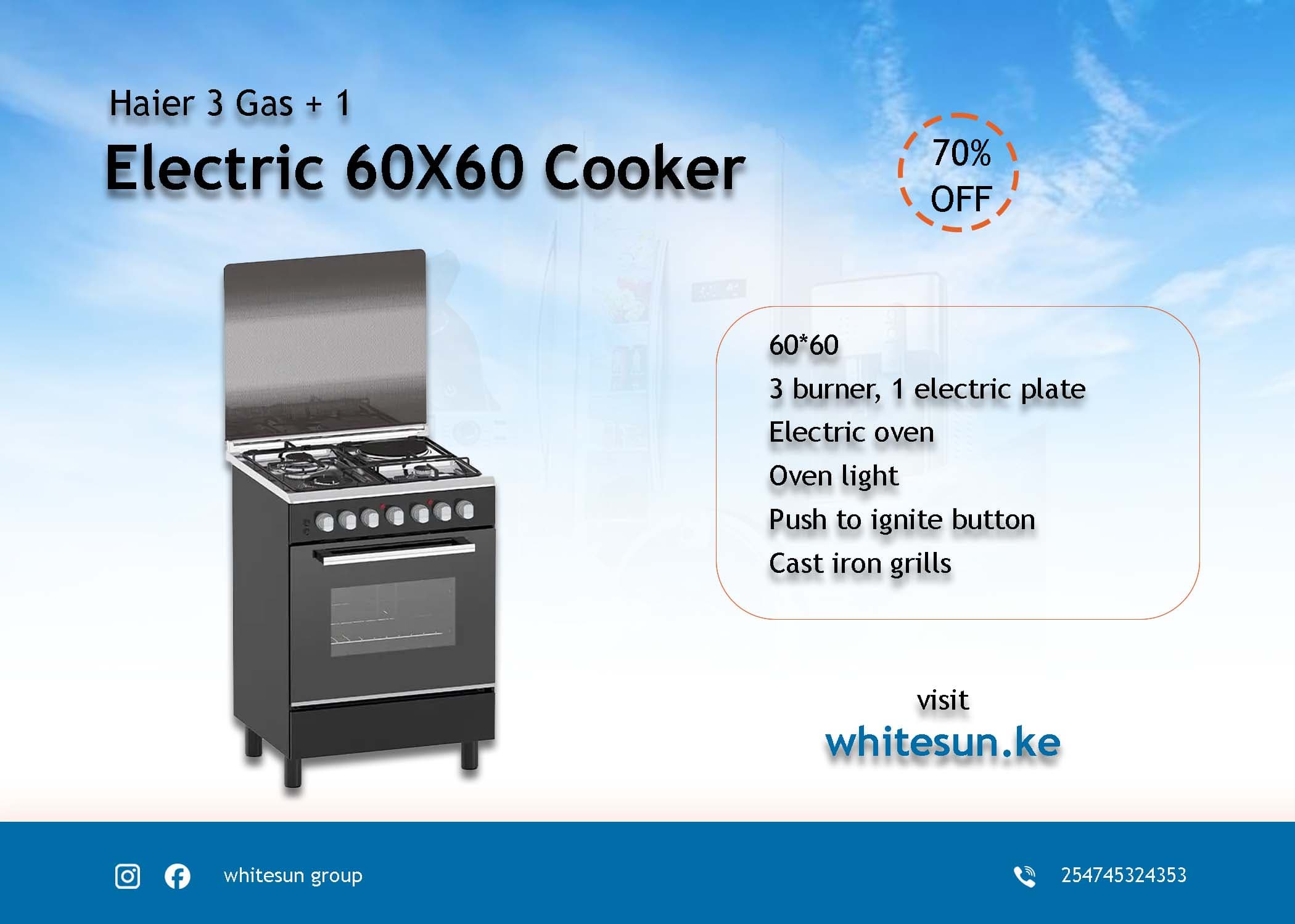 Haier 3 Gas + 1 Electric 60X60 Cooker with Electric Oven - HCR2031EED1 Thumbnail 3