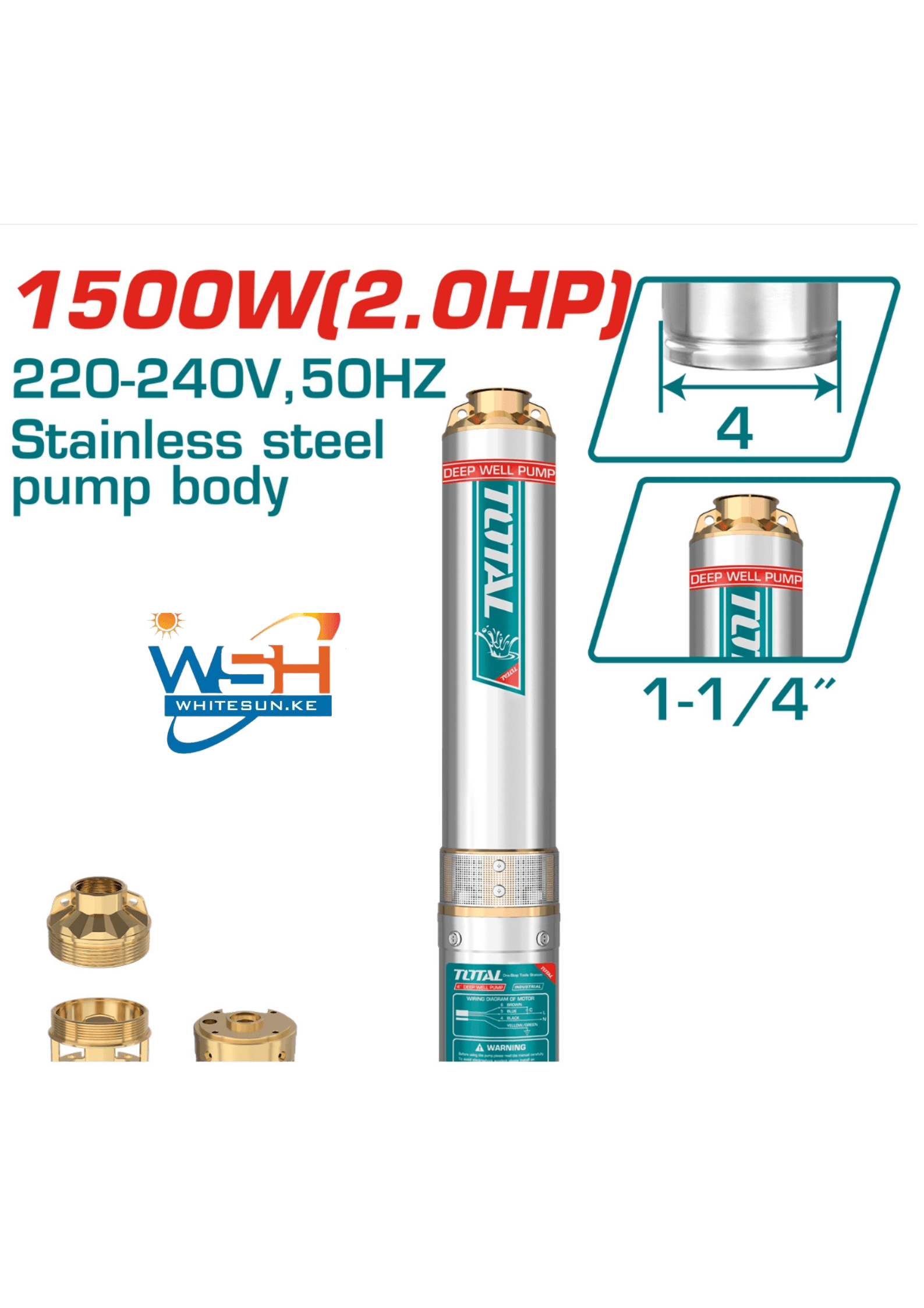 1.5 kW 2.0HP TOTAL 4" Deep Well Pump Electric AC TWP515001( 135m Head 6m³/h 20 m cable Control Box)
