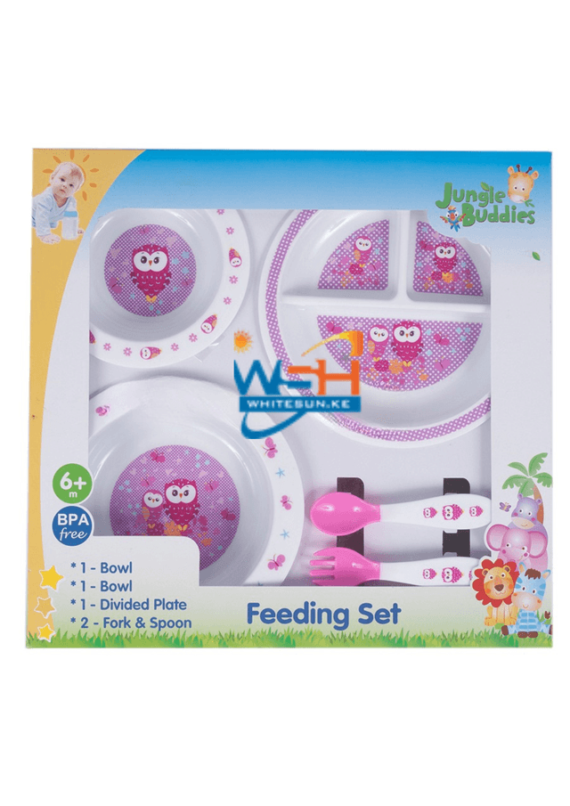 feeding-set-2pcs-bowls-1pc-divided-plate-fork-spoon-in-window-box-girl-color-jungle-buddies