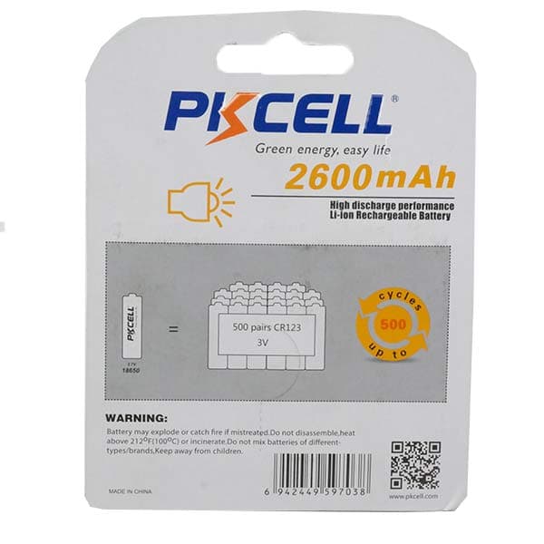 ICR18650 2600Mah Lithium Rechargable Battery, PKCELL, Each On Blister Pack Thumbnail 2