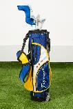 KIDS GOLF CLUB SET - SET OF 5 RIGHT HANDED CLUBS IN POLYESTER STAND BAG WITH 5 ZIPPED POCKETS. 9-12YRS, MAKE: TIGEROAR (BLUE & YELLOW)