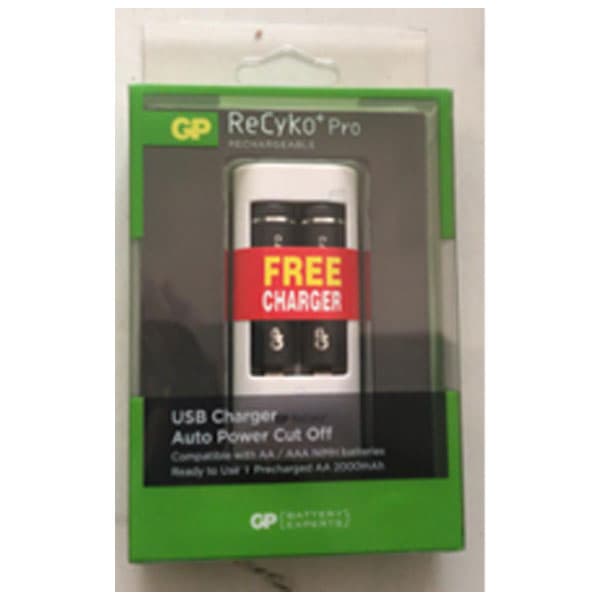 GP AA Rechargable 2100Mah Batteries X 2 With USB Charger, Auto Power Cut Off