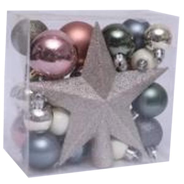 christmas-ornament-set-5cm-4cm-3cm-balls-in-rose-gold-beige-champagne-silver-grey-with-tree-top-glitter-star