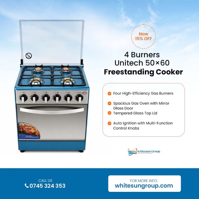 unitech-silver-5055-full-gas-freestanding-cooker-with-oven-4-gas-burners-jet-auto-ignition-and-glass-lid