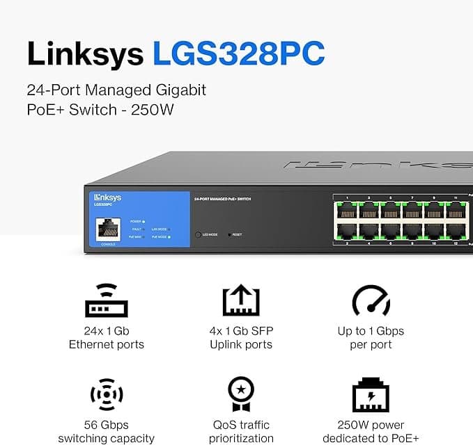 Linksys 24-Port Managed Gigabit PoE+ Switch 250W with 4 1G SFP Uplinks TAA Compliant LGS328PC Thumbnail 2