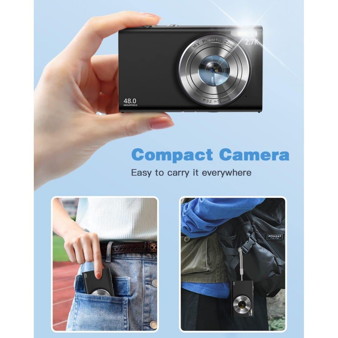 Point and Shoot 2.7K 48MP Digital Camera with 32GB Memory Card (Black) Thumbnail 3