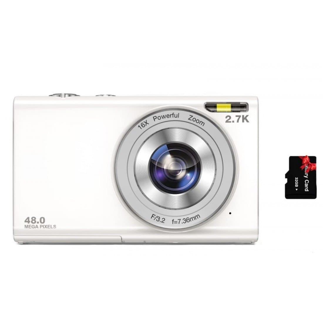 Point and Shoot 2.7K 48MP Digital Camera with 32GB Memory Card (White)