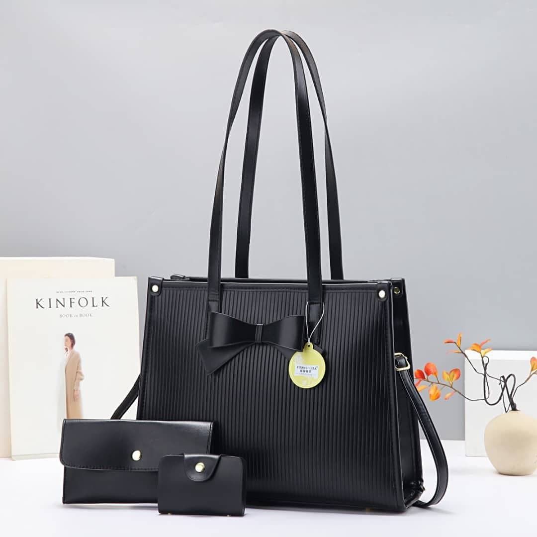 066# Whitesun Cute Bow 3in1 ladies handbag heavy contrast colors Valentine’s gift anniversary gift for wife mom sister auntie girlfriend cousin grandmother santa gift pack for colleagues and friends Black