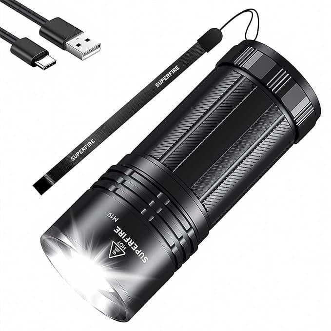 SuperFire Flashlight Rechargeable Super Bright,6000 Lumen Flashlight,LED Lights with Zoomable & 5 Modes,Powerful Handheld Flash Lights for Emergencies, Camping,Outdoor, Water Resistant