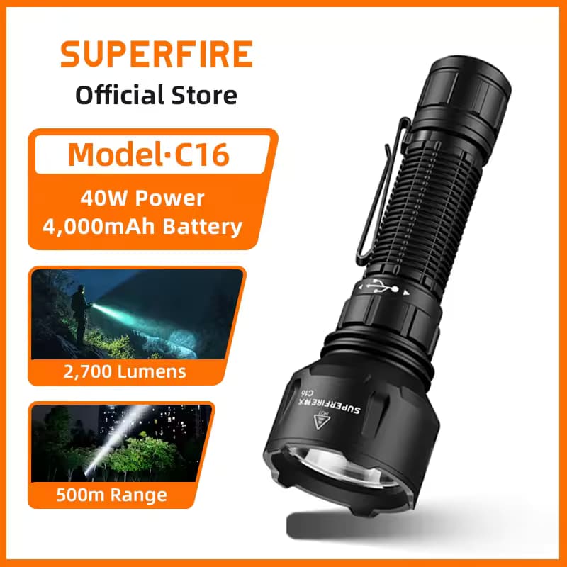 SUPERFIRE C16 Long-Range LED Flashlight | 2700LM, 500m Beam, Rechargeable