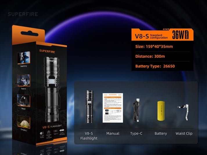 SUPERFIRE V8-S Rechargeable Tactical Flashlight Thumbnail 3