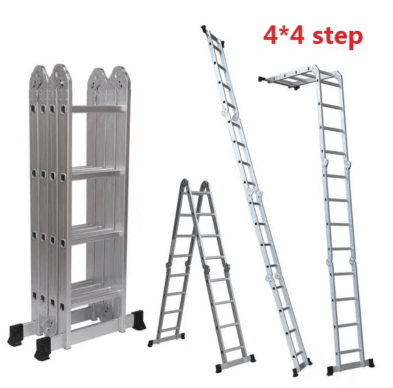 ALUMINUM MULTIPURPOSE LADDER 4*4 STEP WITH SAMLL HINGES THICKNESS:1.2MM STEP DISTANCE:28CM EXTENSION LENGTH:470CM A STEP LADDER HEIGHT:226CM SCAFFOLDING HEIGHT:121CM NW/GW.:12.0KG/12.5KGS FOLDING SIZE:126*37*28CM PACKING SIZE:124*37*28CM MAX LOAD:150KG PACKAGE WAY: 1.1PCS/BAG/WITH TWO COLOR CARTONS CAPS,WITH WARNING STICKER 2.STICKER WITH CUSTOMER LOGO,