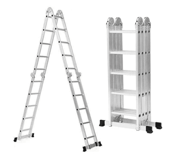 ALUMINUM MULTIPURPOSE LADDER WITH SMALL HINGES TOTAL STEP:4*5 STEP THICKNESS:1.2MM STEP DISTANCE:28CM EXTENSION LENGTH:580CM A STEP LADDER HEIGHT:280CM SCAFFOLDING HEIGHT:154CM FOLDING SIZE:154*37*28CM NW.:13.6KG PACKING SIZE:152*37*28CM PACKAGE:WITH TWO CARTON CAPS+SHRINK BAG MAX LOAD:150KGS
