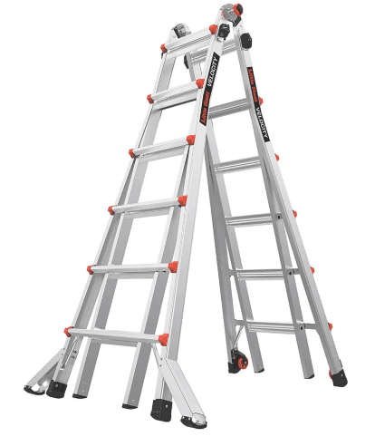 ALUMINIUM LITTLE GIANT WITH HINGES 4*6 STEP THICKNESS:1.4+1.3mm STEP DISTANCE:28CM EXTENSION LENGTH:622CM A STEP LADDER HEIGHT:300CM FOLDING SIZE:176*68*20CM NW/GW.:13.3KG/14.8KG PACKAGE:1PCS/WARNING STICKER/MANUAL BOOK/PE BAG/CARTON PACKING SIZE:178*20*70CM MAX LOAD:150KGS