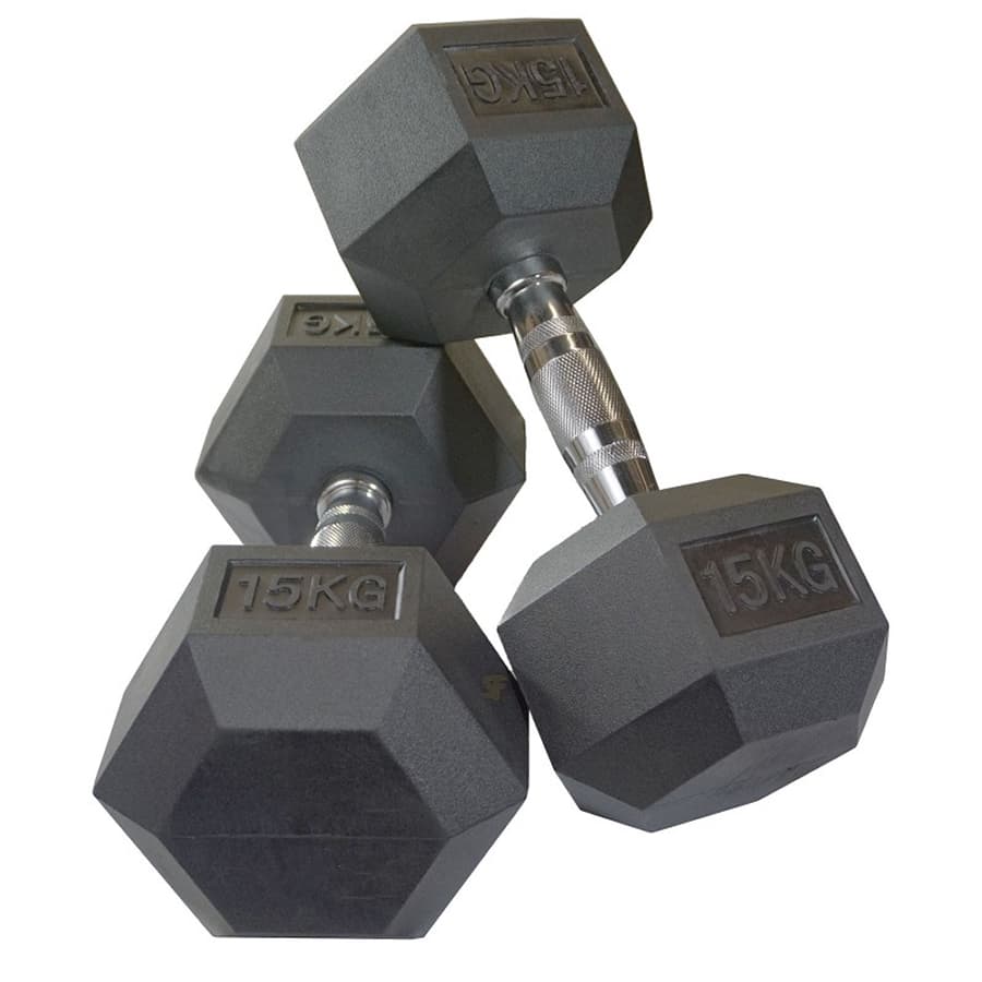 Black Rubber Hex Dumbbells In Pairs 15Kg